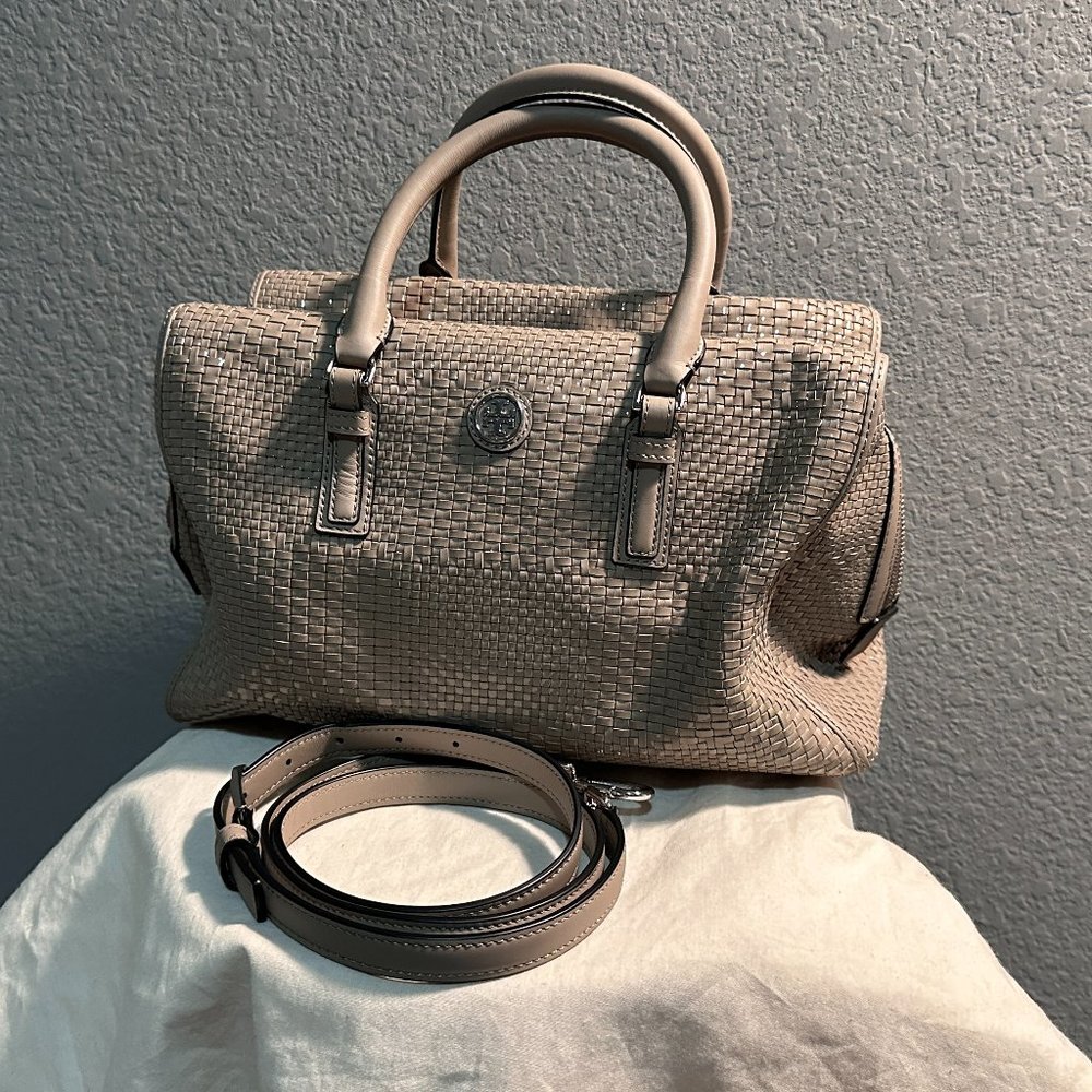 Tory Burch Robinson French Gray Woven Leather Satchel Tote